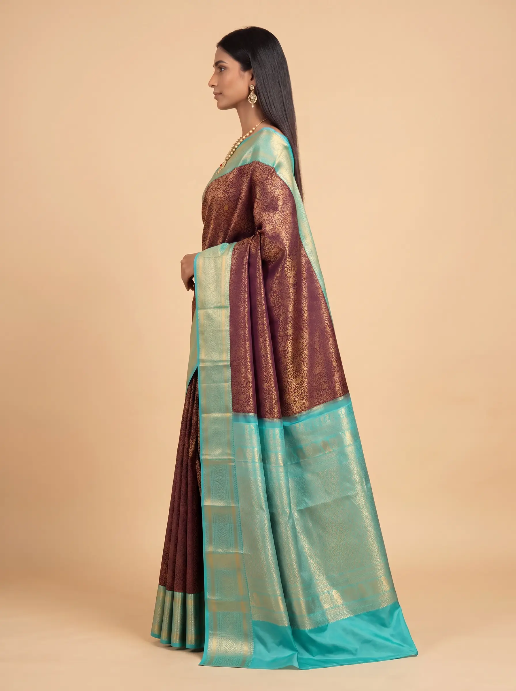Wine Turquoise Zari Kanjivaram Silk Saree