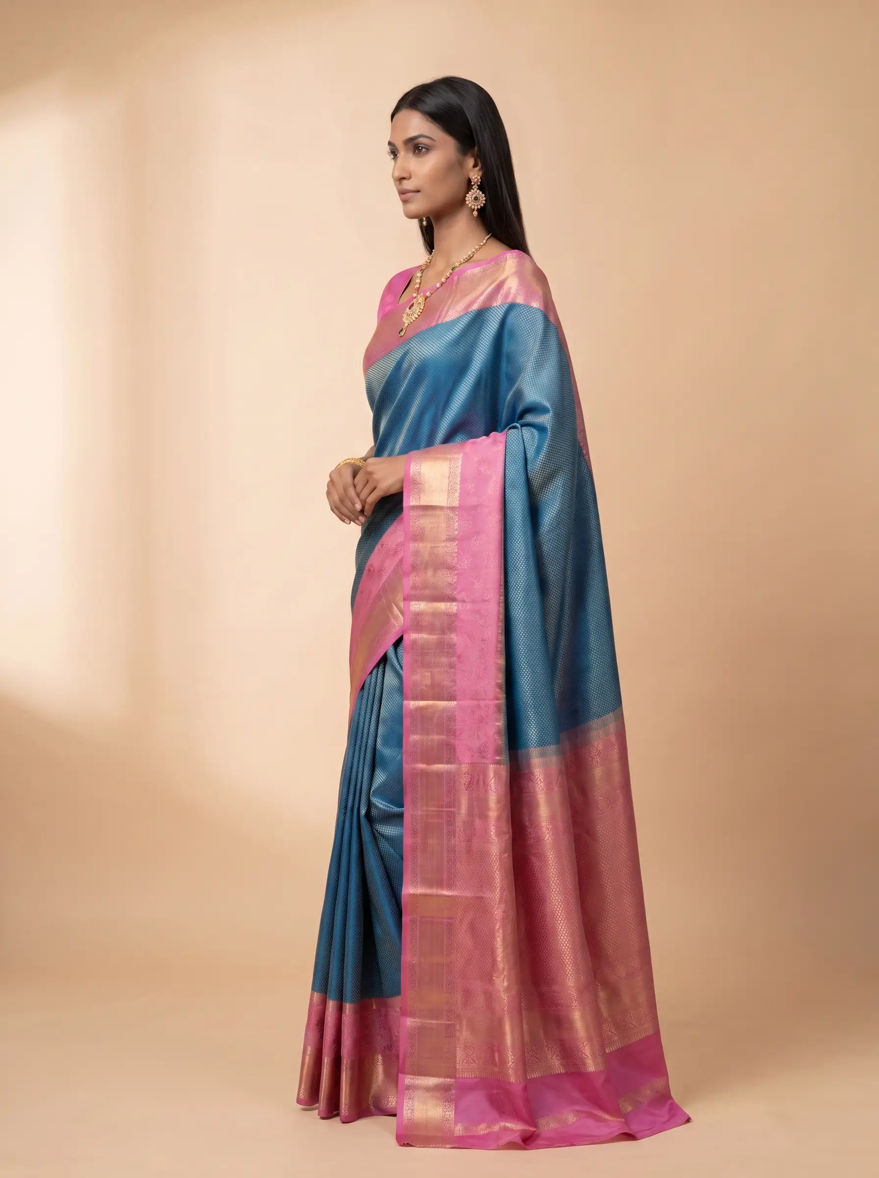 Peacock Blue Magenta Zari Silk Saree