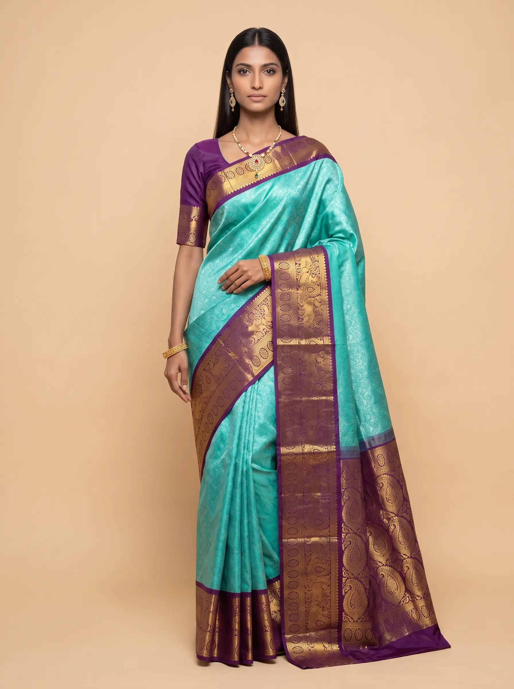Teal Blue Purple Gold Zari Silk Saree