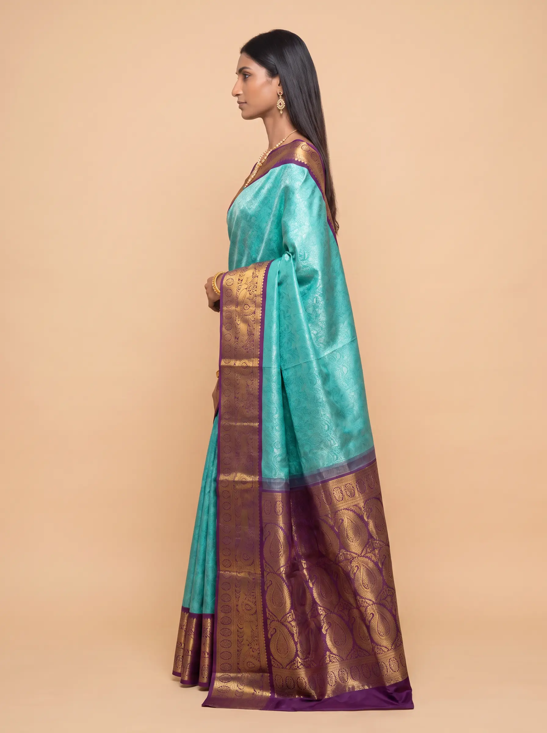 Teal Blue Purple Gold Zari Silk Saree