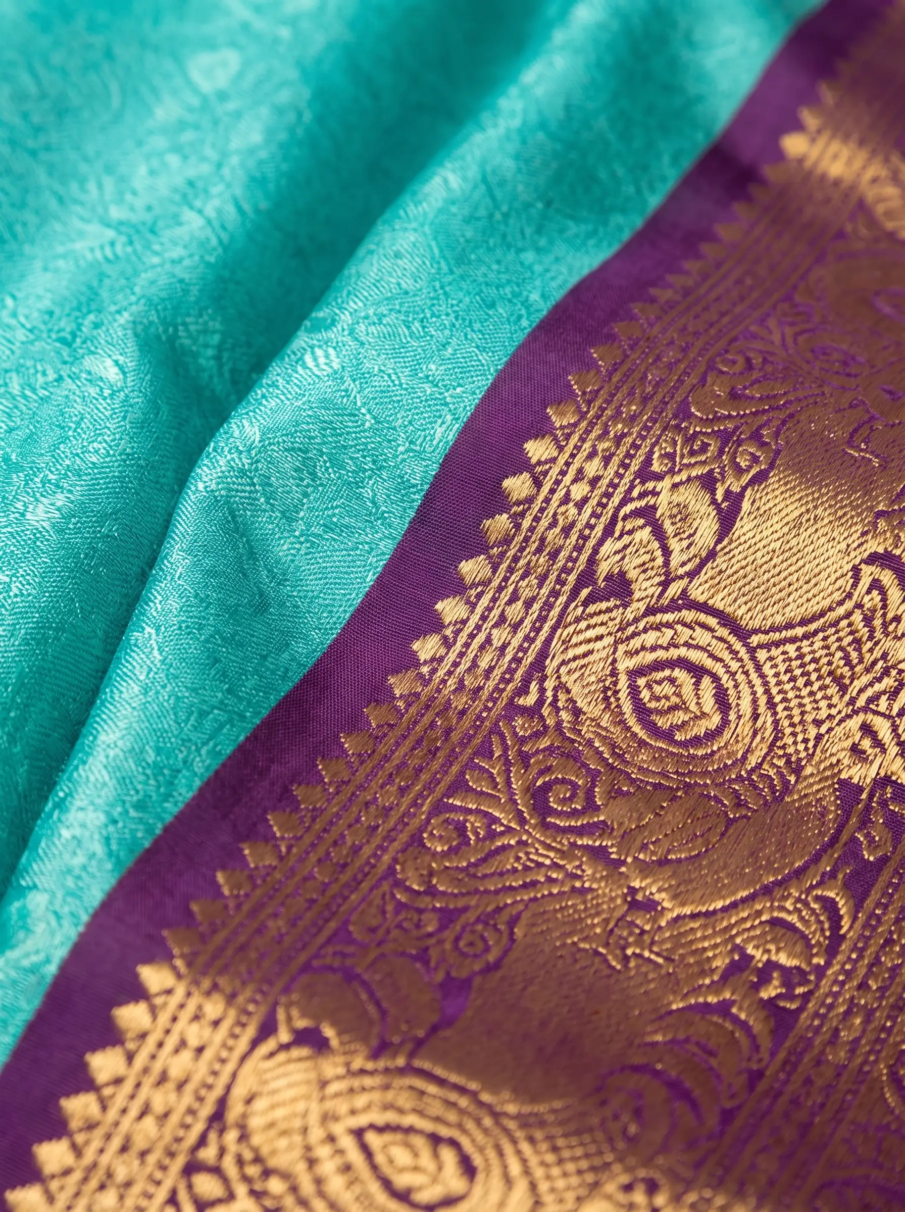 Teal Blue Purple Gold Zari Silk Saree