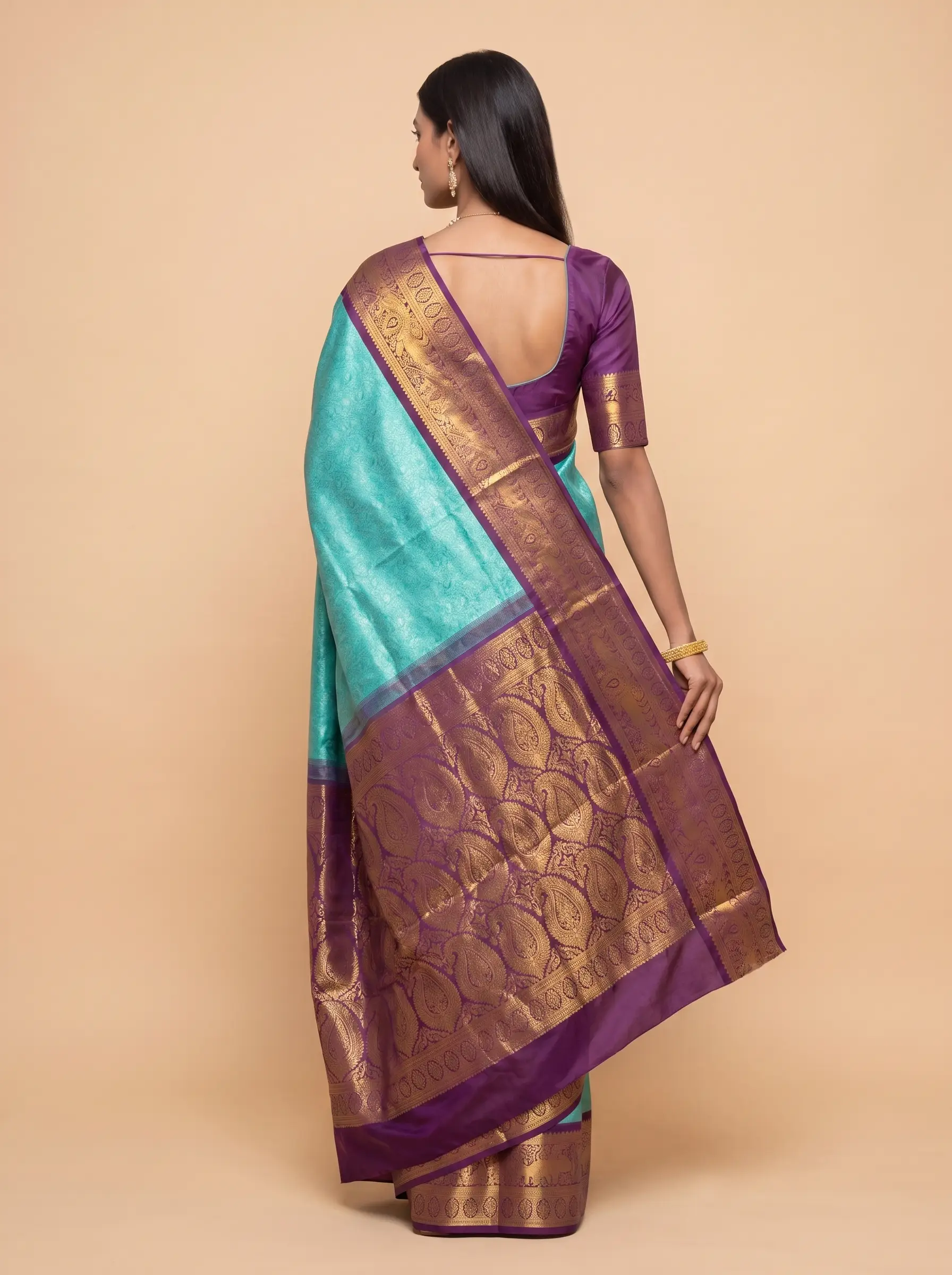 Teal Blue Purple Gold Zari Silk Saree