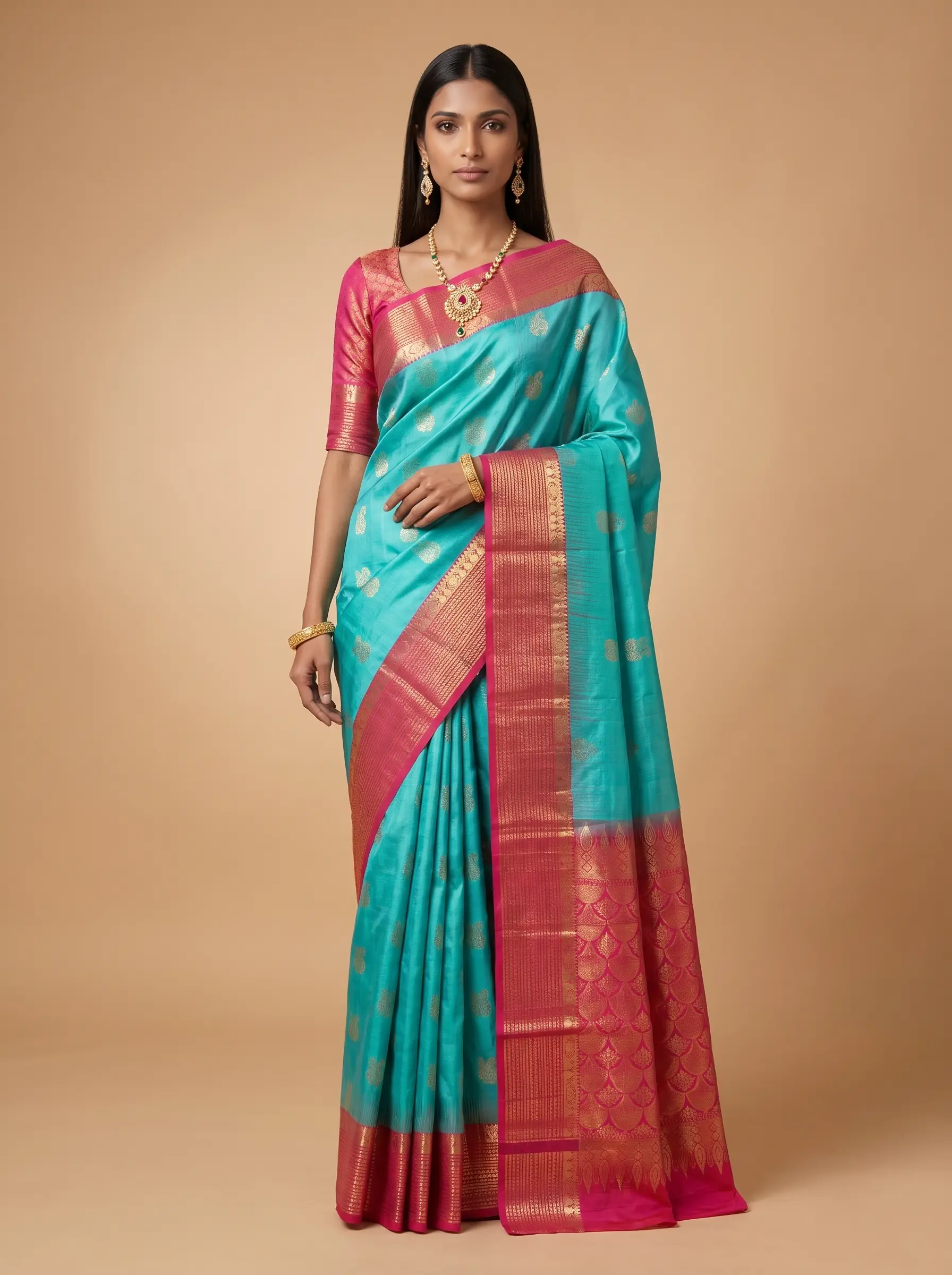 Turquoise Silk Saree with Red & Gold Zari Pallu