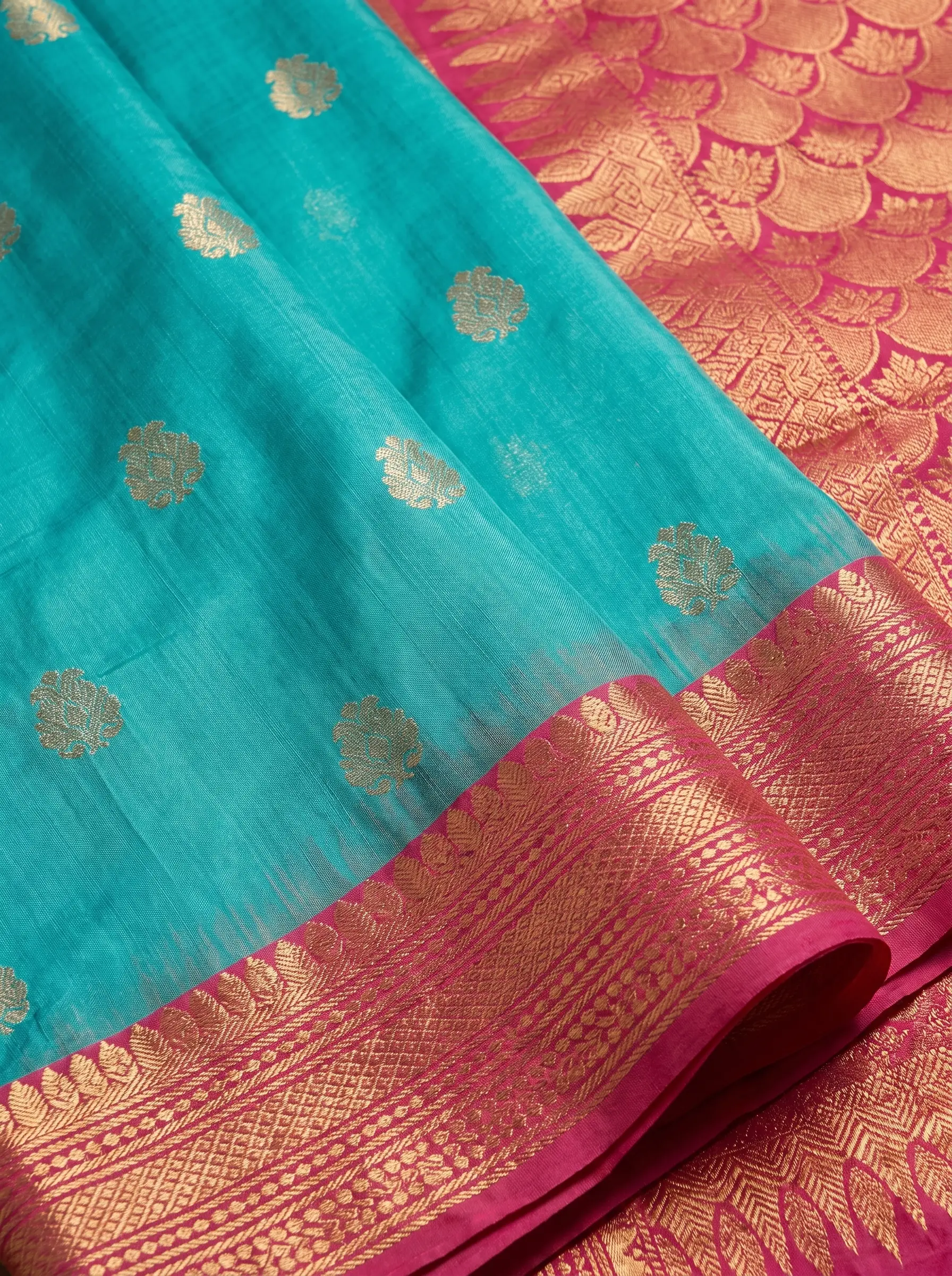 Turquoise Silk Saree with Red & Gold Zari Pallu