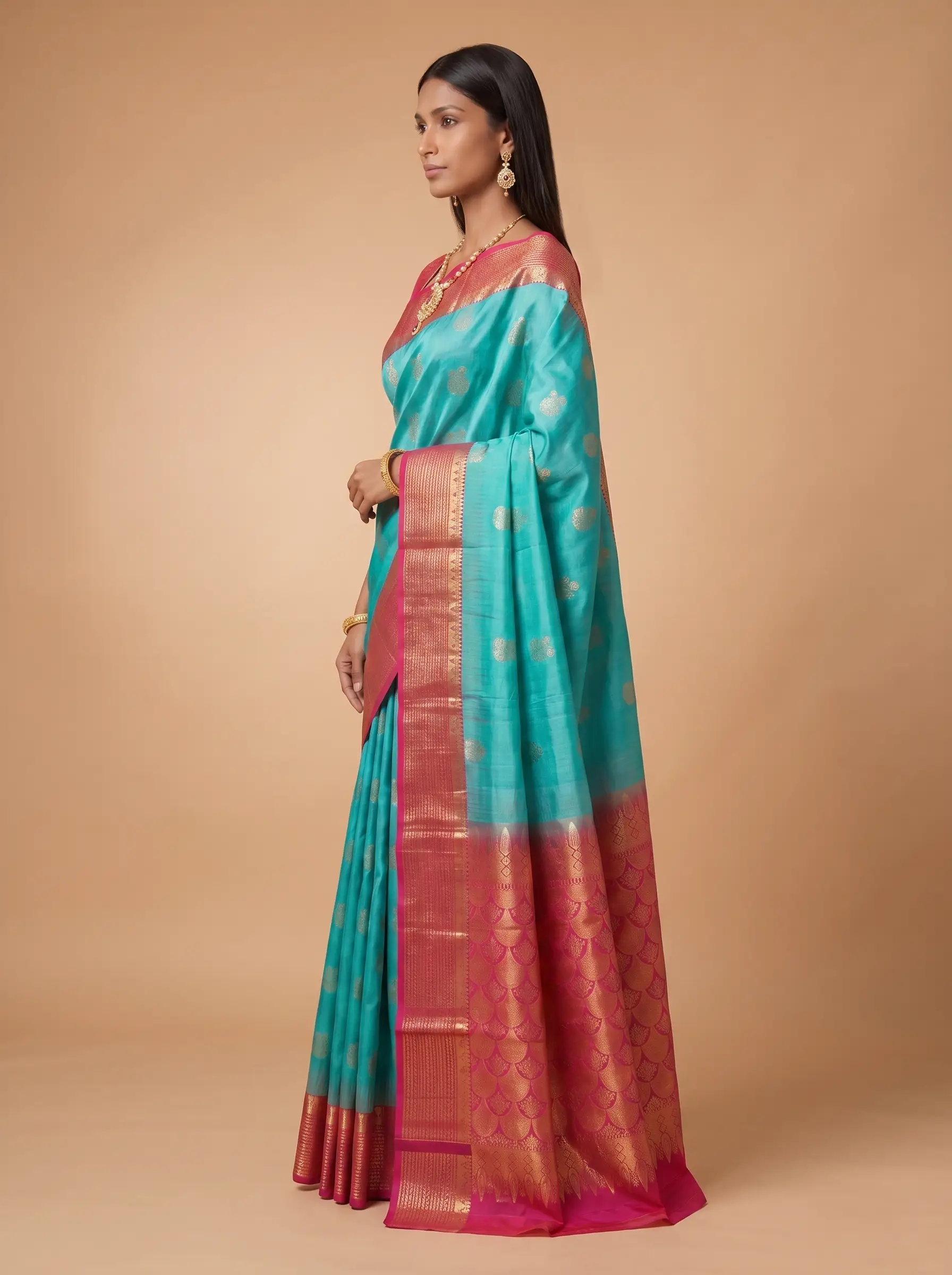 Turquoise Silk Saree with Red & Gold Zari Pallu