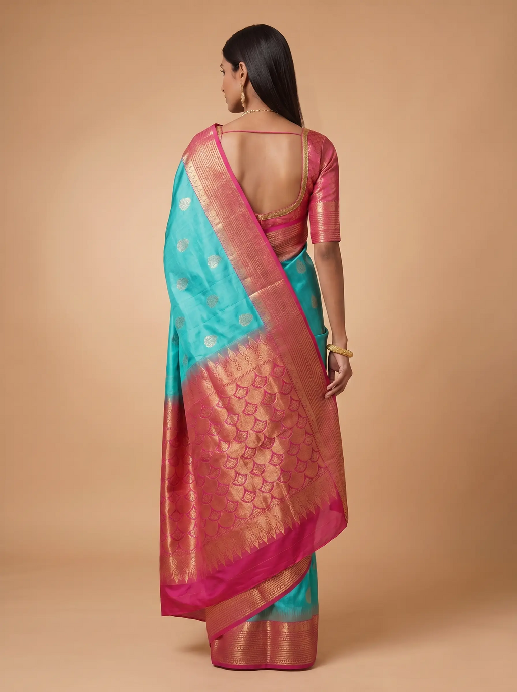 Turquoise Silk Saree with Red & Gold Zari Pallu