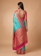 Turquoise Silk Saree with Red & Gold Zari Pallu