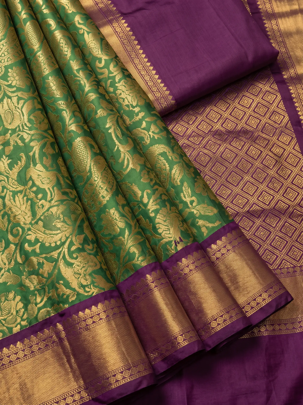Wine & Bottle Green Contrast Silk Saree with Gold Zari
