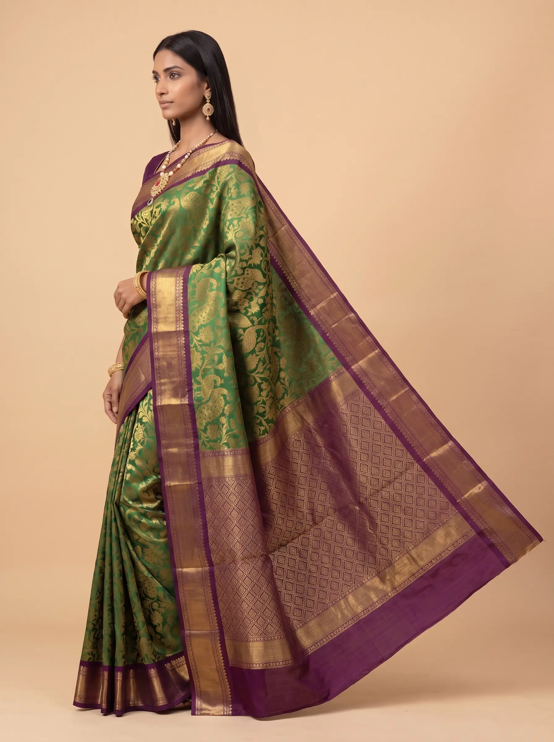 Wine & Bottle Green Contrast Silk Saree with Gold Zari