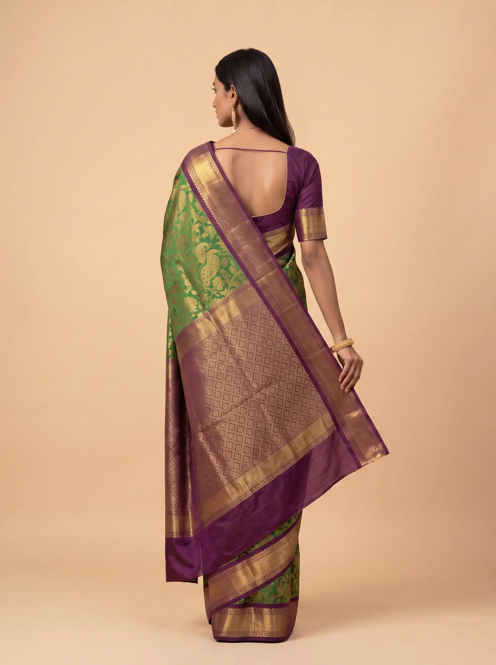 Wine & Bottle Green Contrast Silk Saree with Gold Zari
