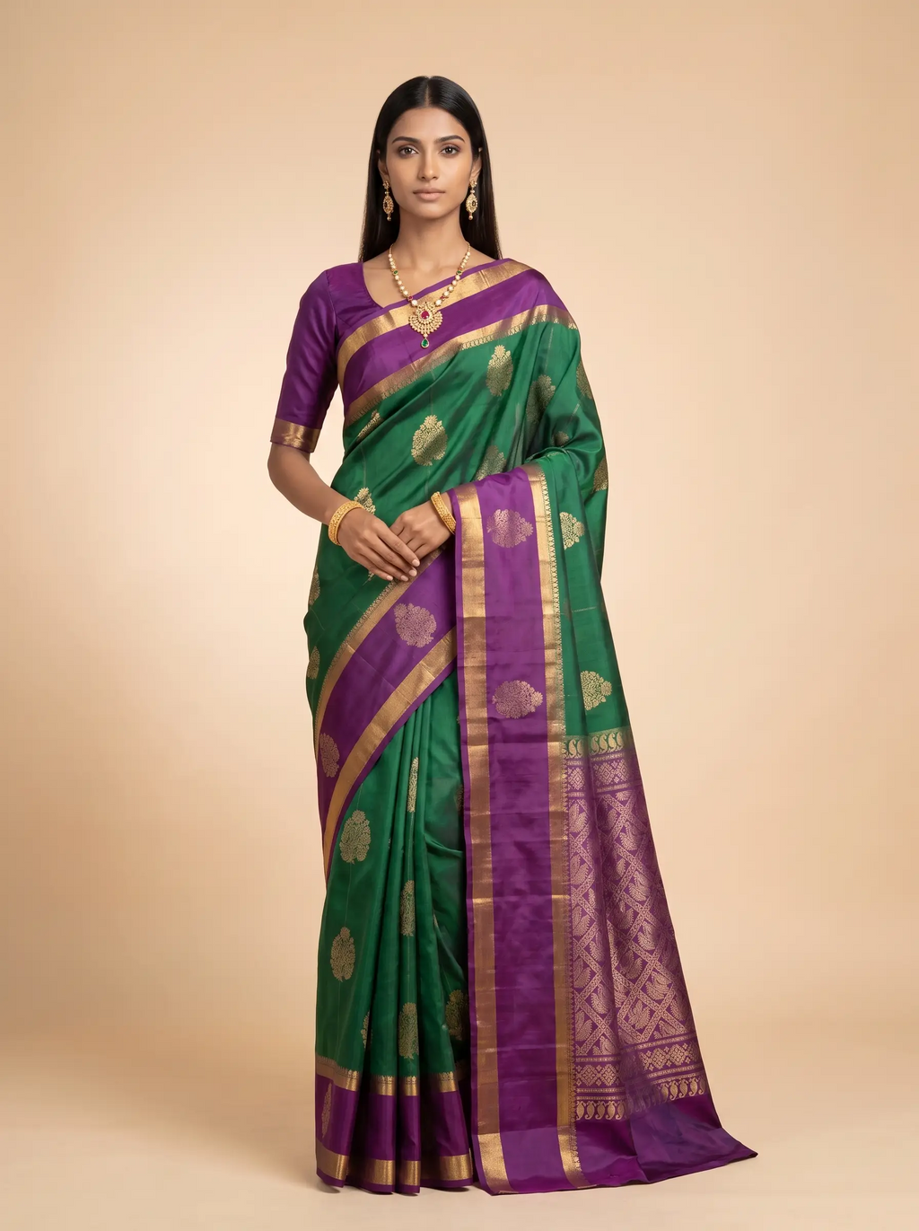 Bottle Green & Purple Contrast Zari Silk Saree