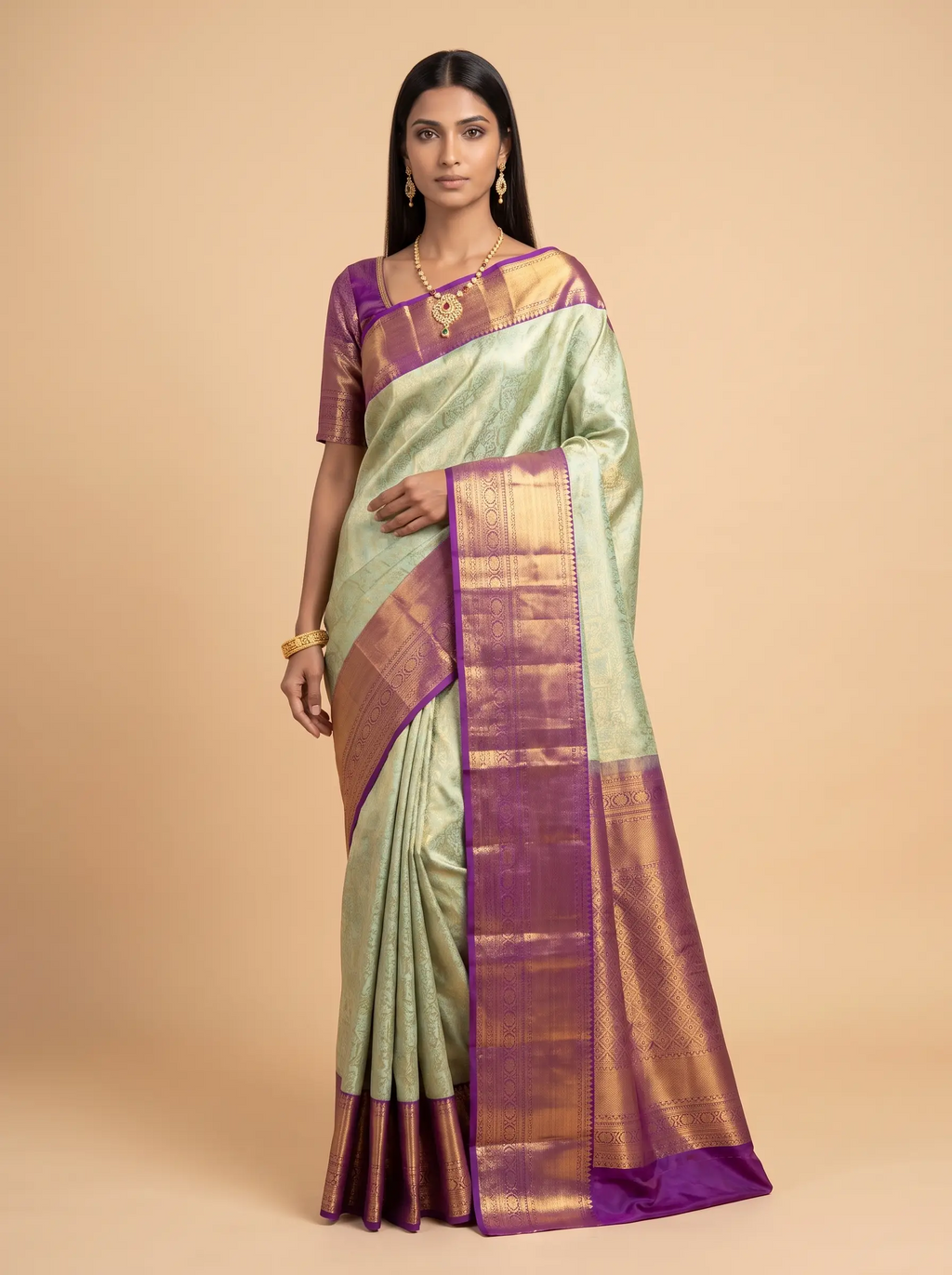 Royal Purple And Silver Grey Antique Gold Zari Woven Silk Saree