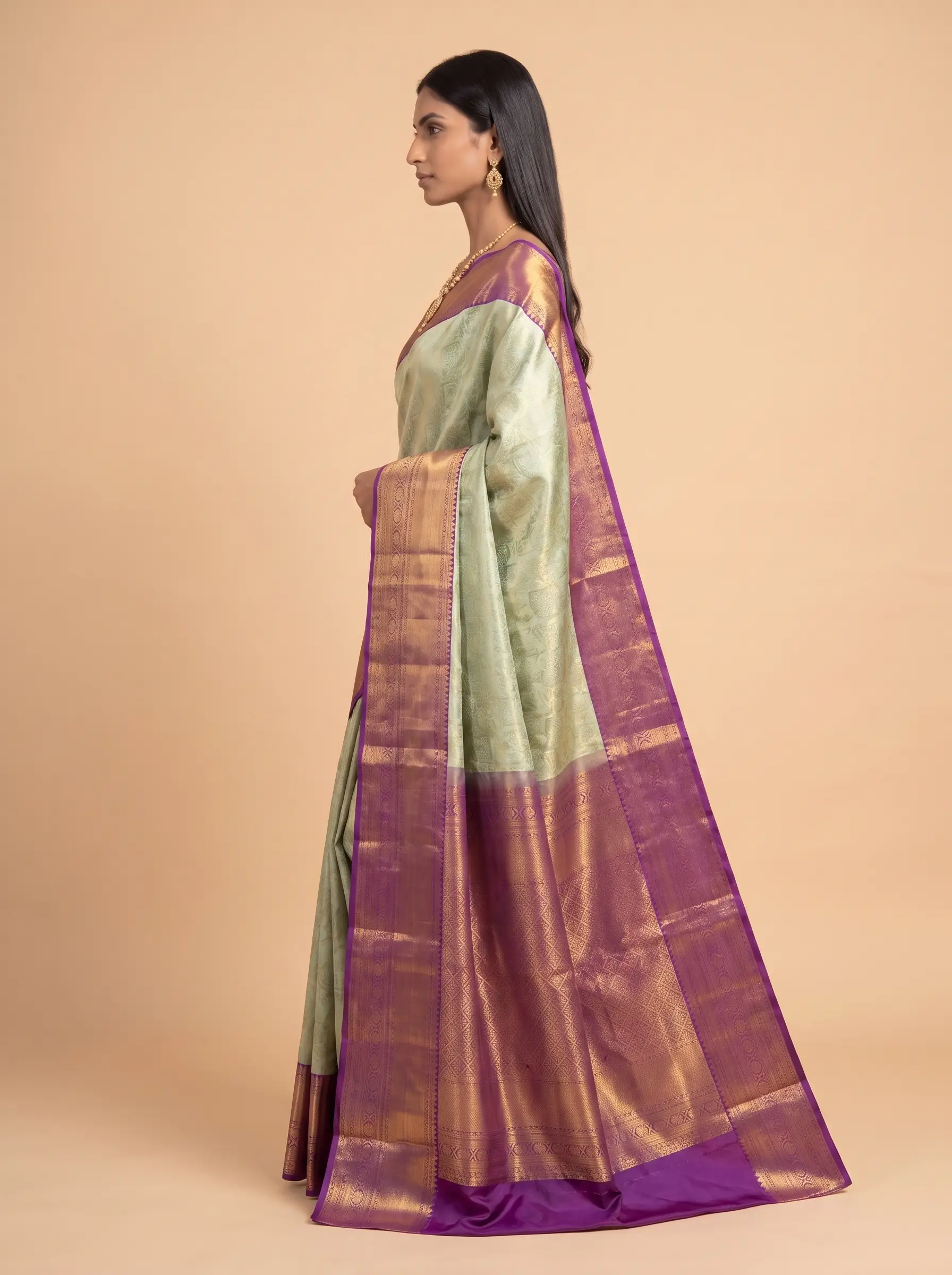Royal Purple And Silver Grey Antique Gold Zari Woven Silk Saree