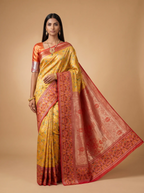 Mustard Yellow Red Multicolour Floral Silk Saree.