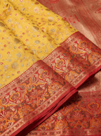Mustard Yellow Red Multicolour Floral Silk Saree.