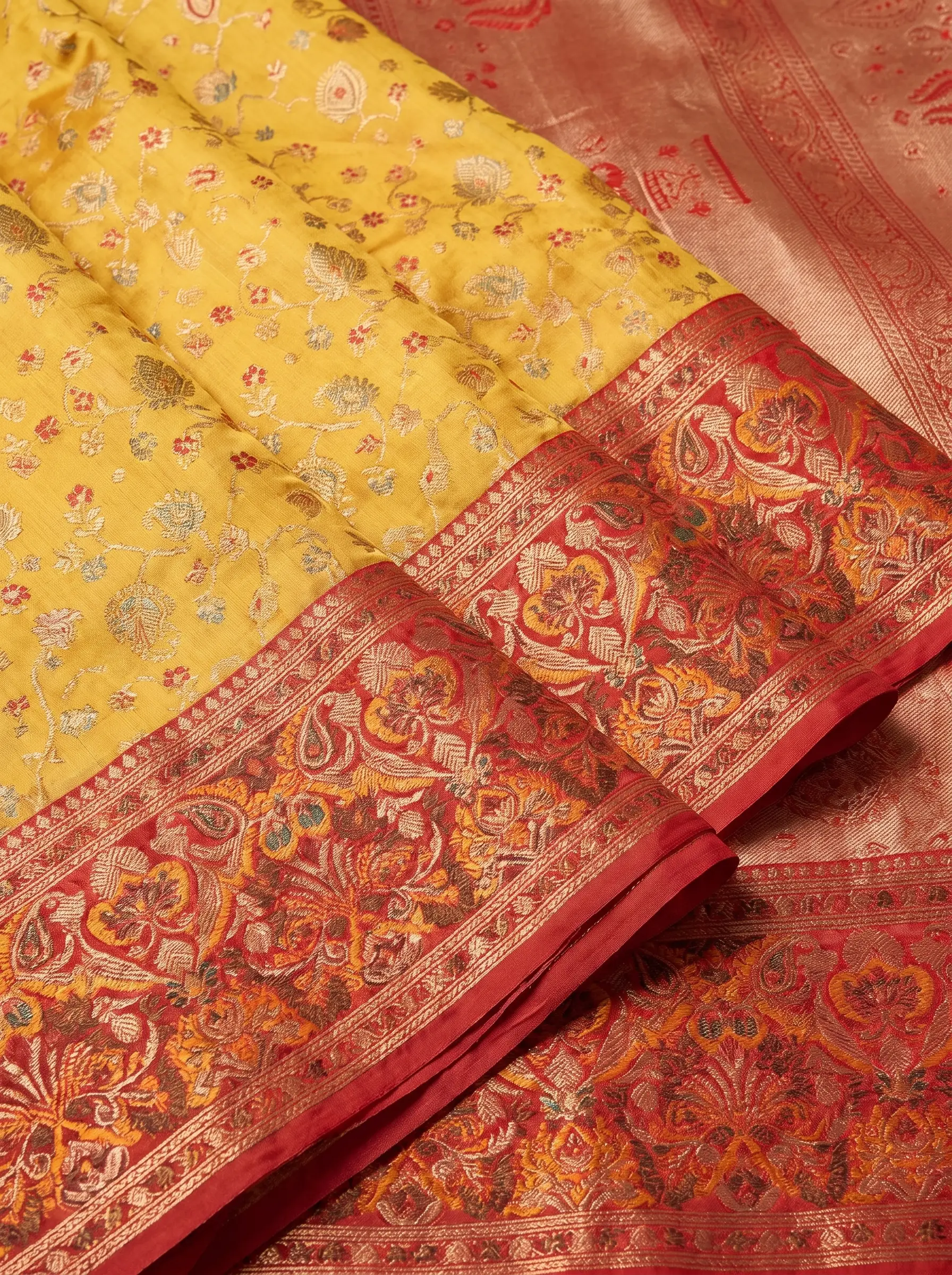 Mustard Yellow Red Multicolour Floral Silk Saree.