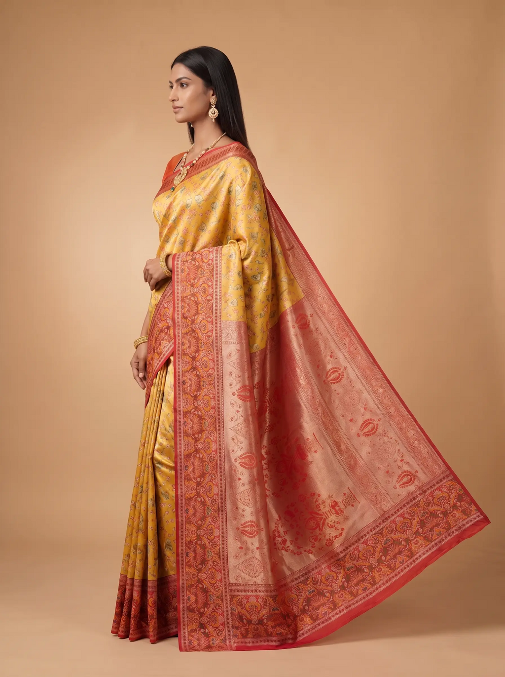 Mustard Yellow Red Multicolour Floral Silk Saree.