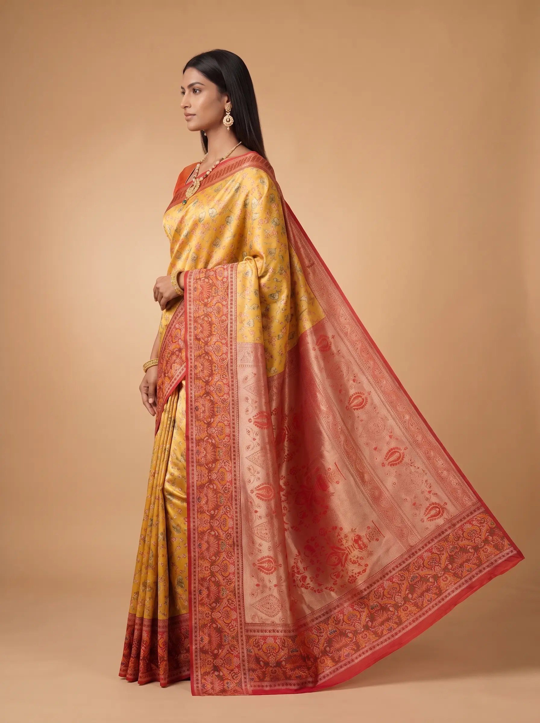Mustard Yellow Red Multicolour Floral Silk Saree.