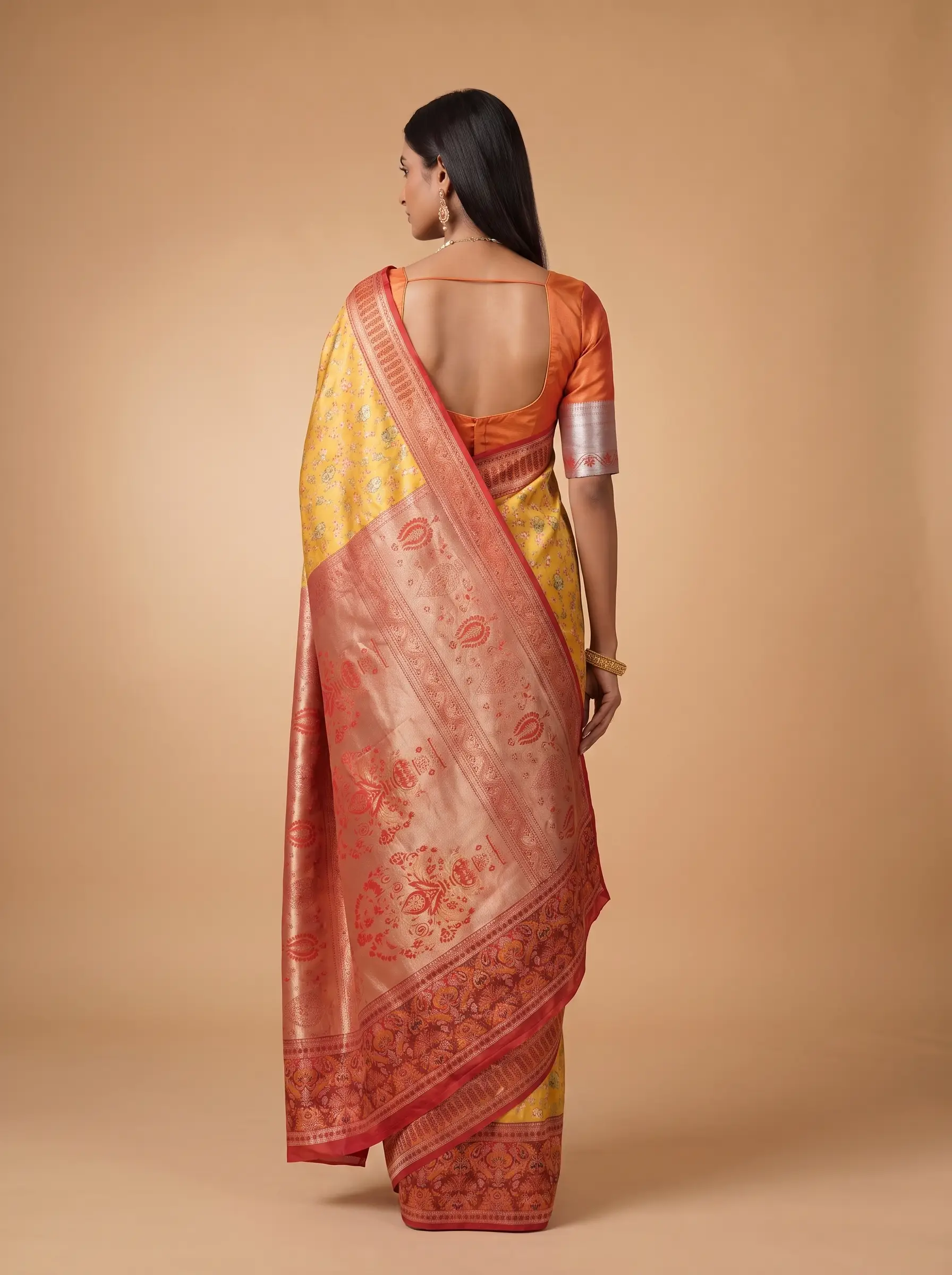 Mustard Yellow Red Multicolour Floral Silk Saree.