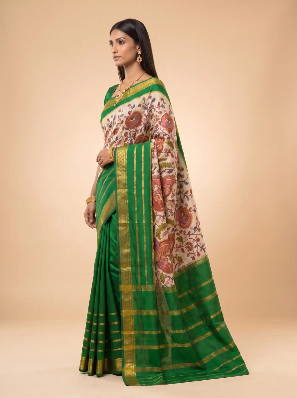 Deep Green Gold Zari Silk Saree