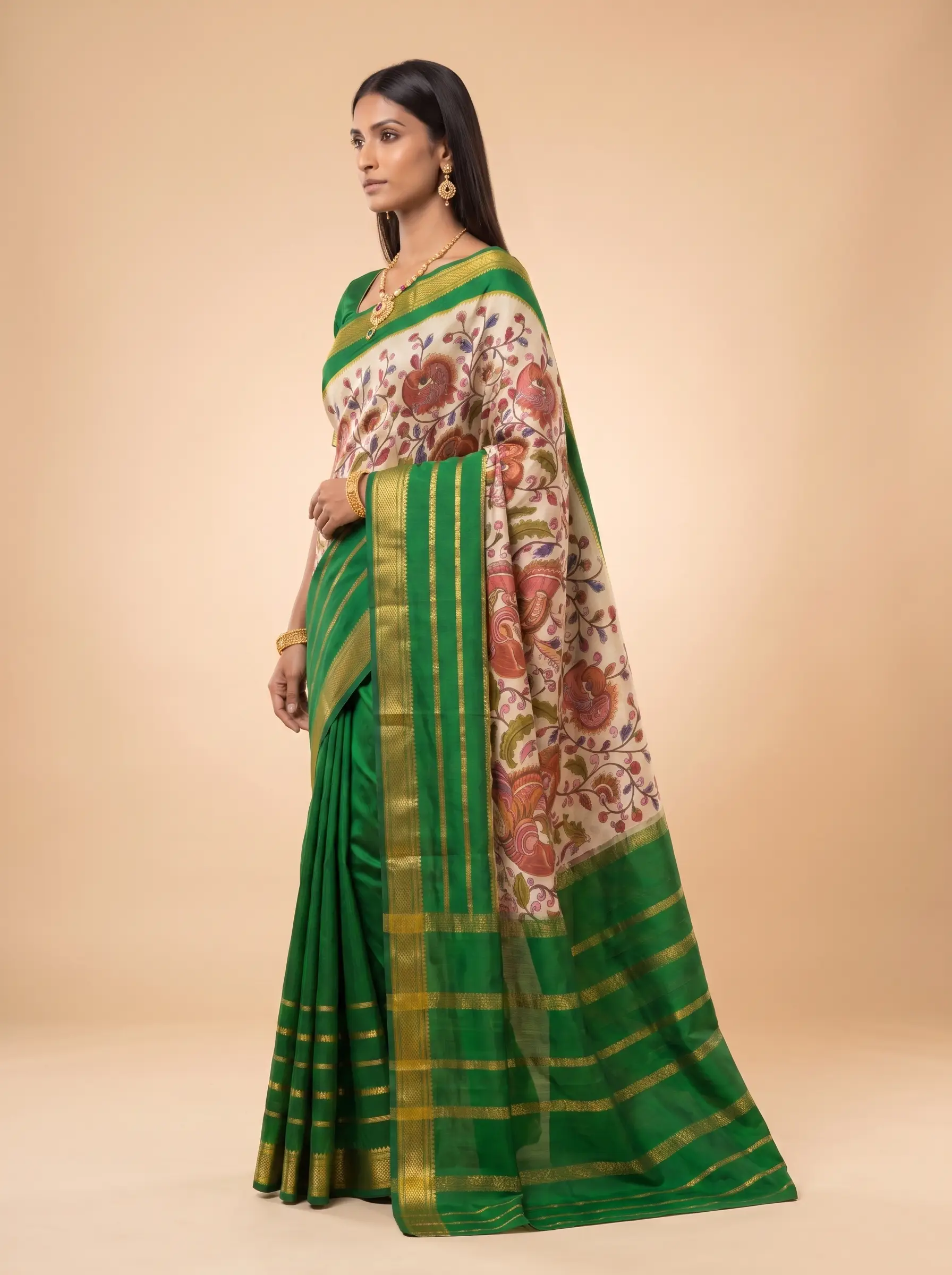 Deep Green Gold Zari Silk Saree