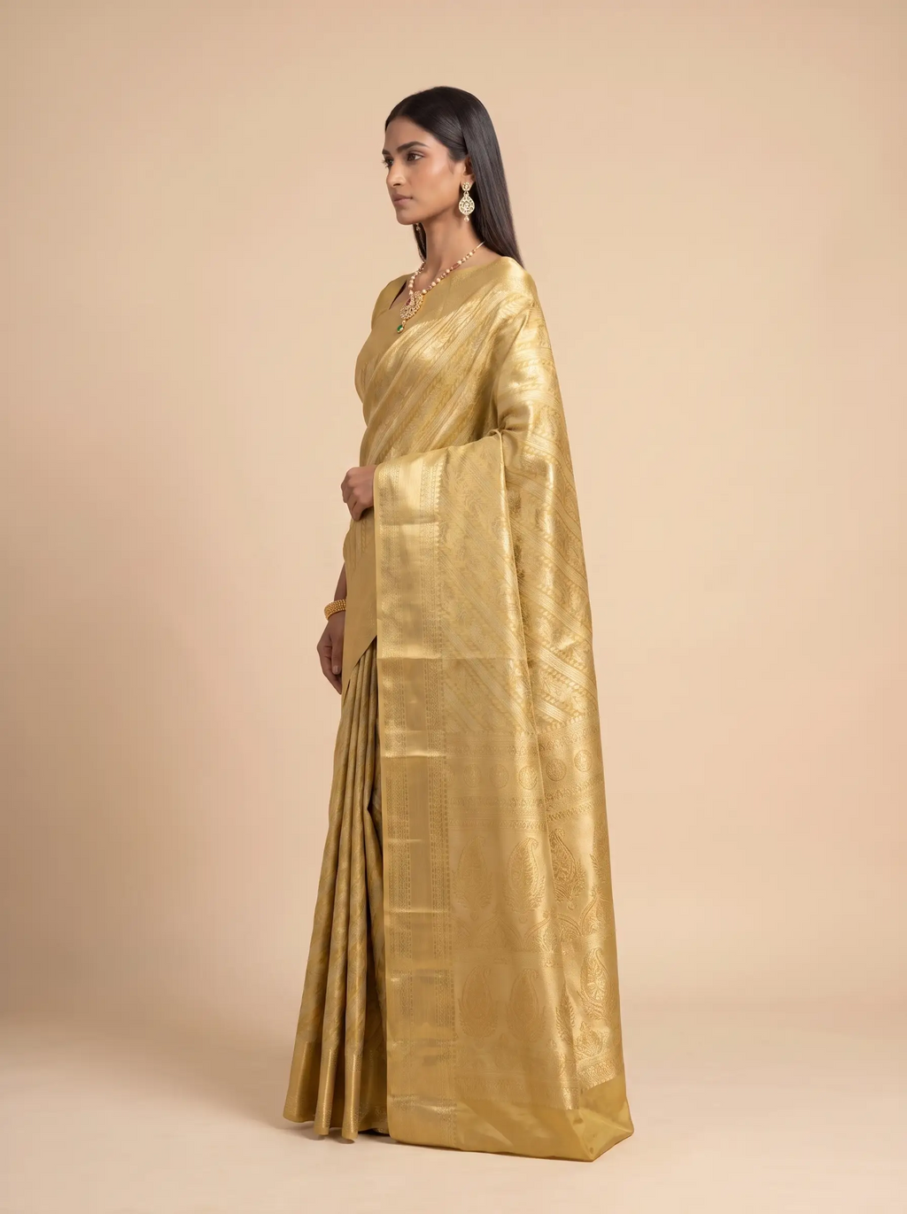 Olive Green Antique Gold Zari Silk Saree
