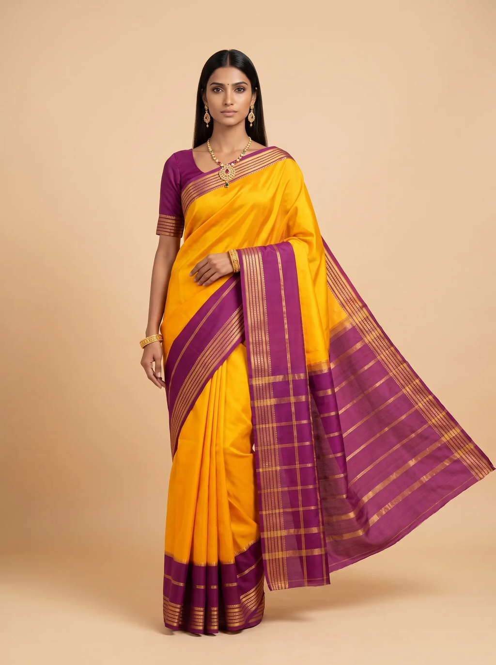 Mustard Yellow Maroon Zari Silk Saree