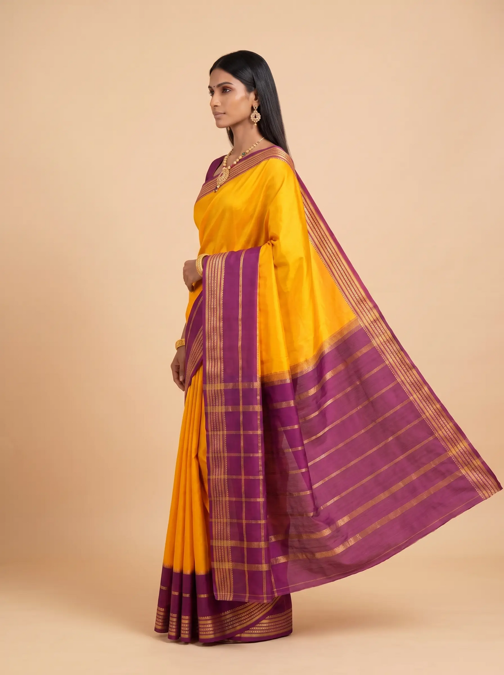 Mustard Yellow Maroon Zari Silk Saree