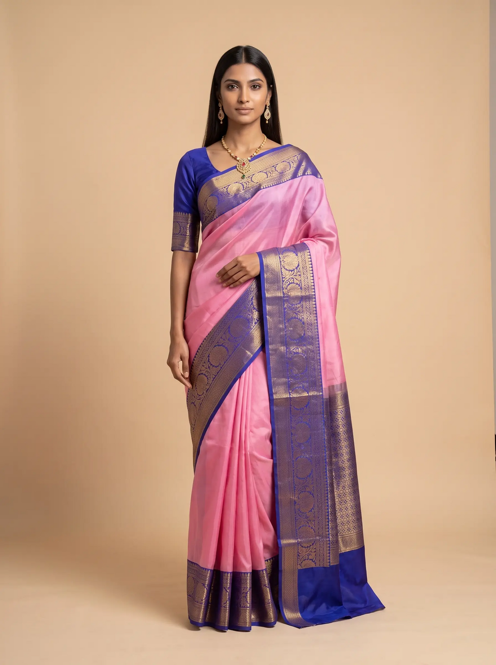 Pink Royal Blue Gold Zari Silk Saree