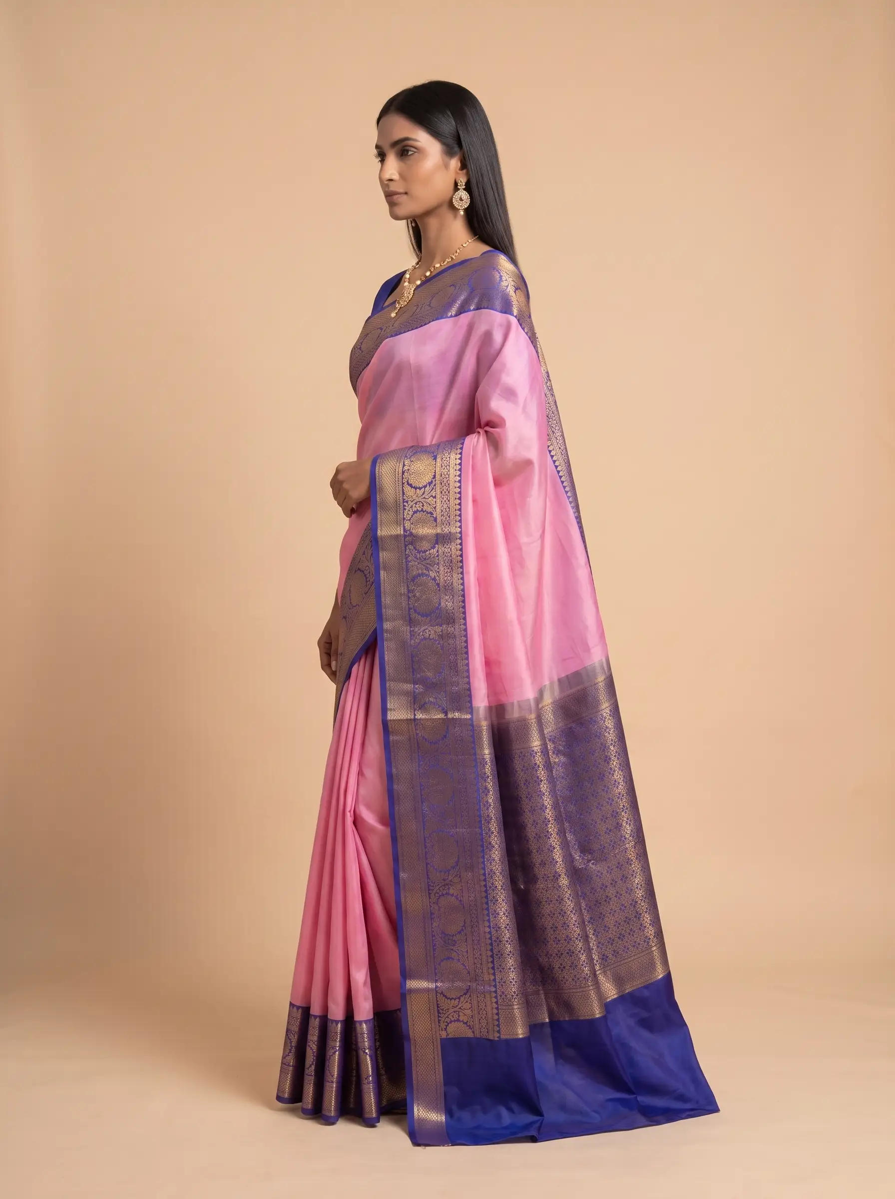 Pink Royal Blue Gold Zari Silk Saree