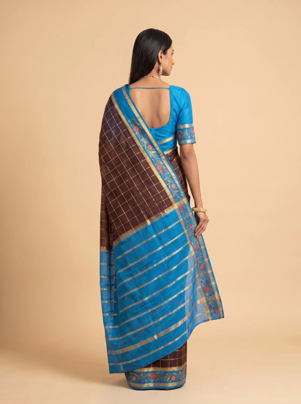 Wine Maroon Gold Zari Checked Silk Saree