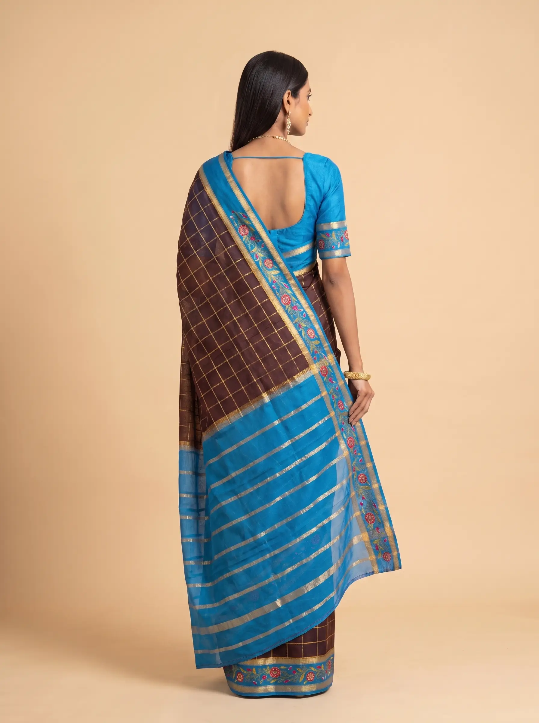 Wine Maroon Gold Zari Checked Silk Saree