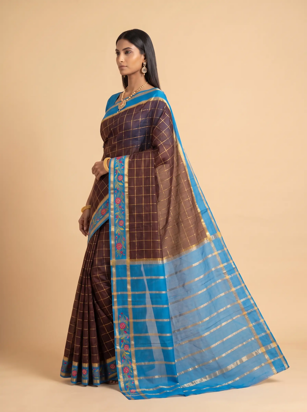 Wine Maroon Gold Zari Checked Silk Saree