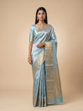 Teal Blue Silver Zari Floral Silk Saree
