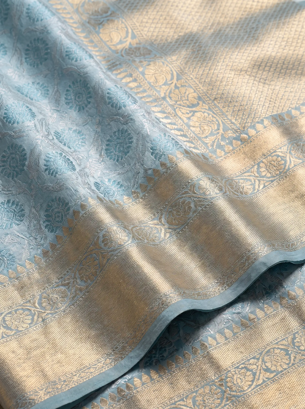 Teal Blue Silver Zari Floral Silk Saree