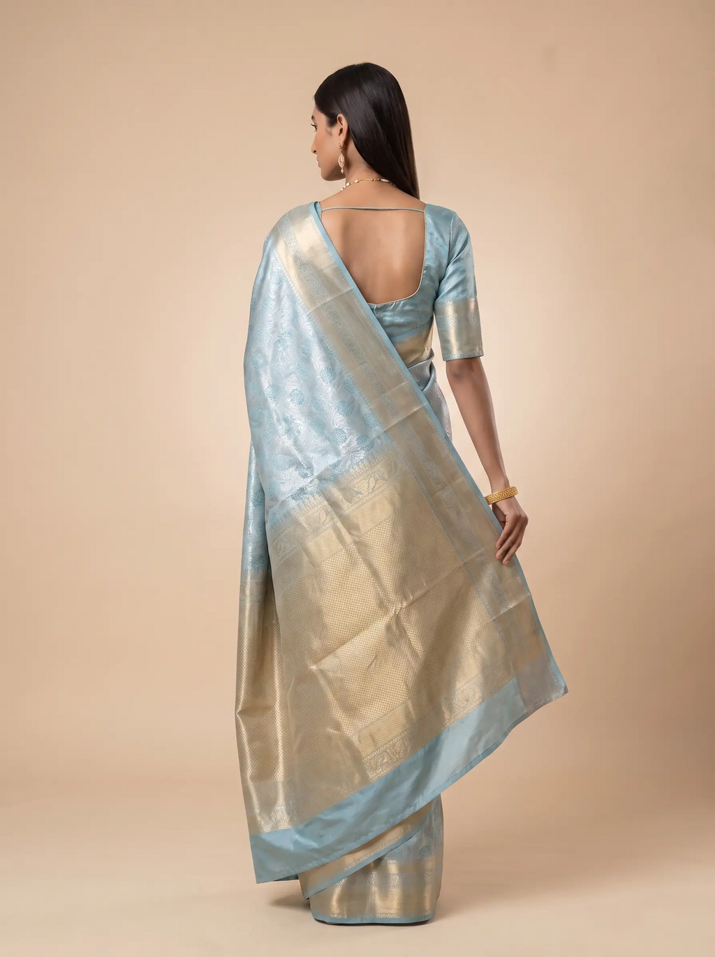 Teal Blue Silver Zari Floral Silk Saree