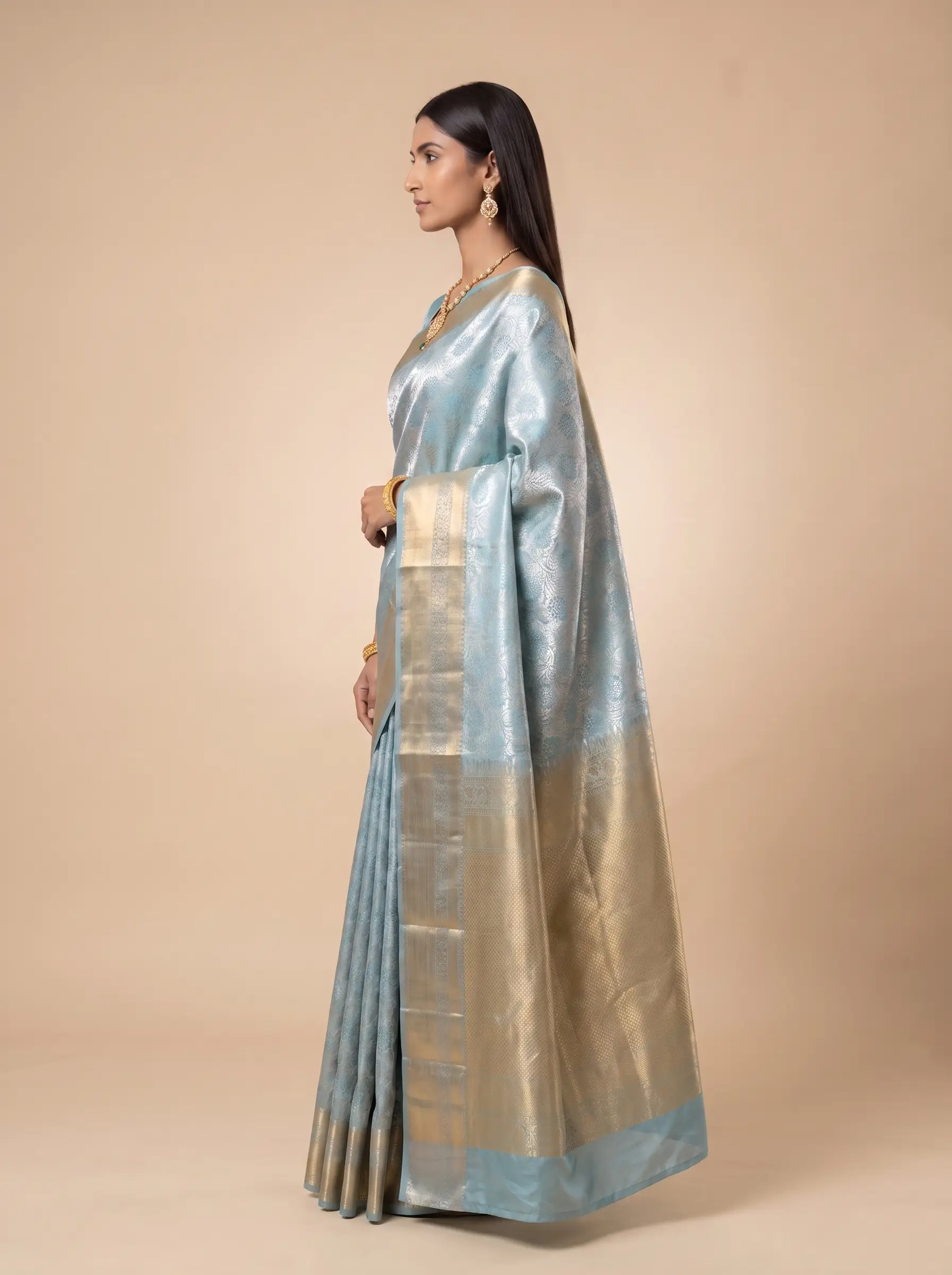Teal Blue Silver Zari Floral Silk Saree