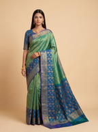 Green and Navy Blue Antique Gold Zari Woven Kanchivaram Silk Saree