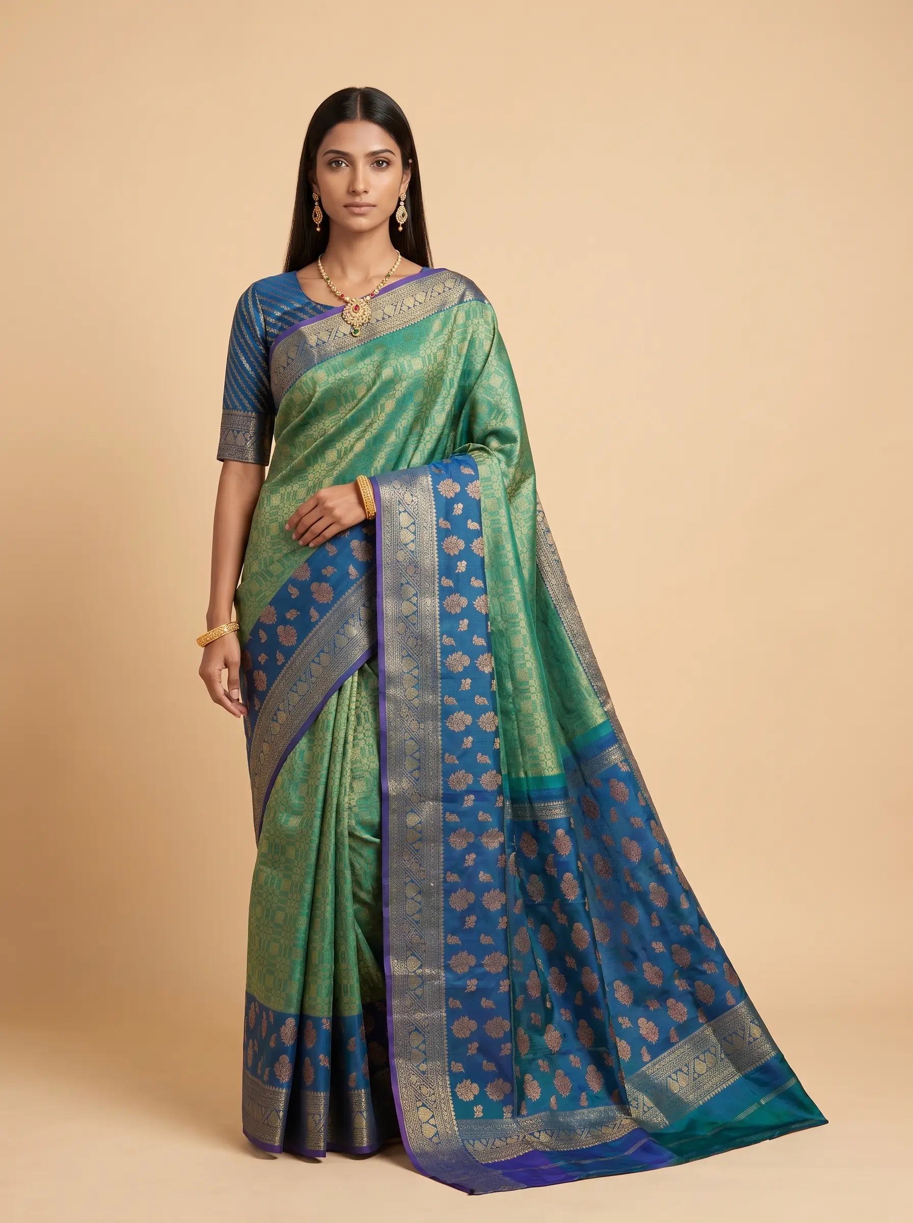 Green and Navy Blue Antique Gold Zari Woven Kanchivaram Silk Saree