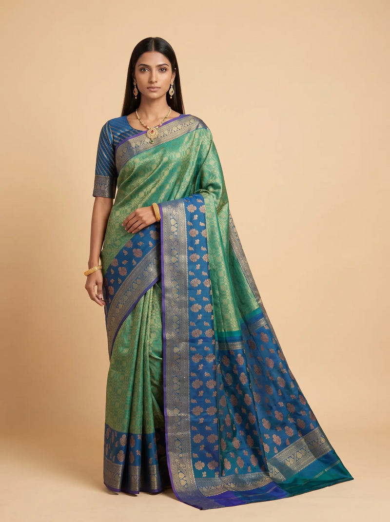 Green and Navy Blue Antique Gold Zari Woven Kanchivaram Silk Saree
