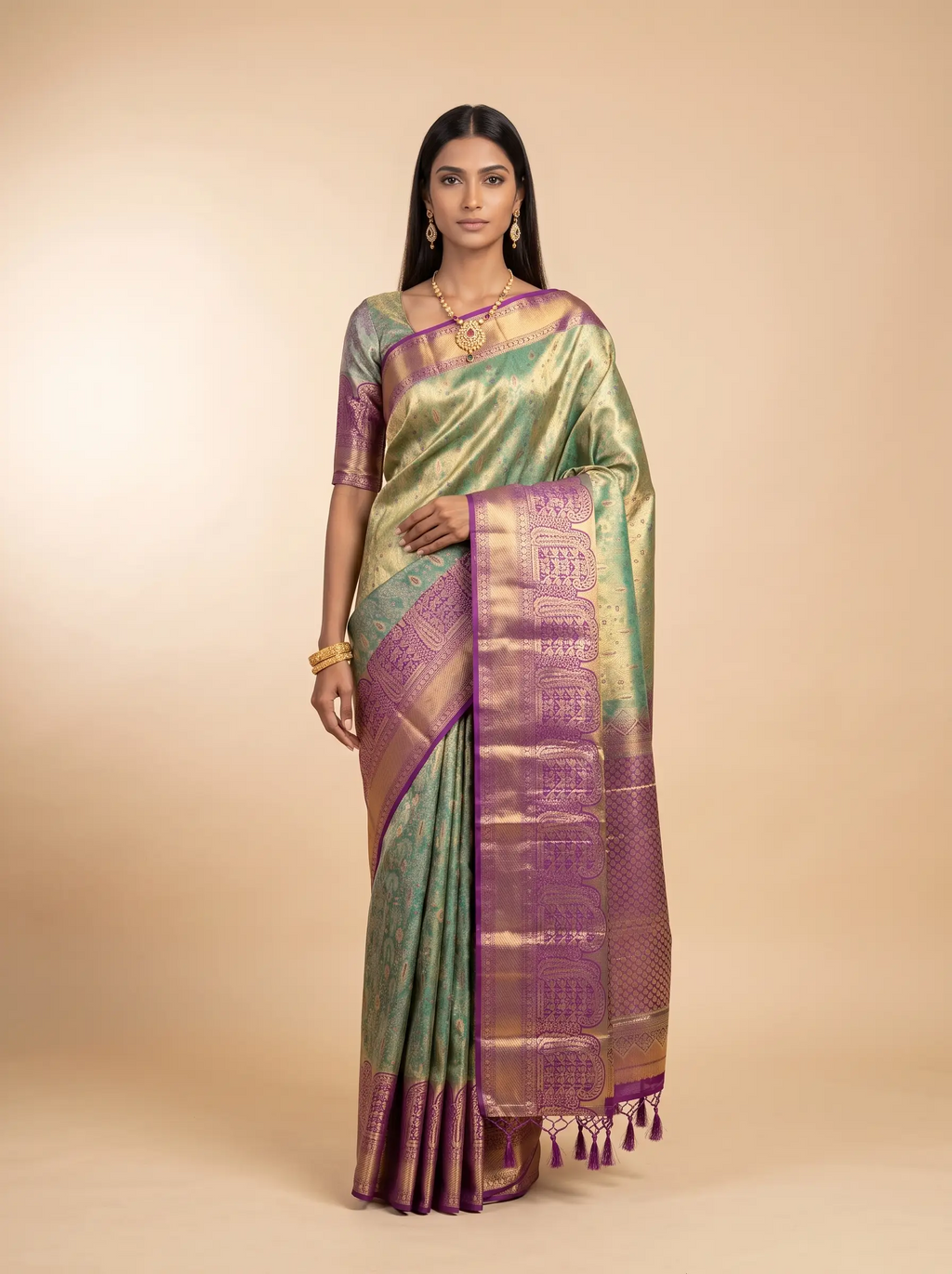 Pastel Green and Purple Antique Gold Zari Woven Kanchivaram Silk Saree