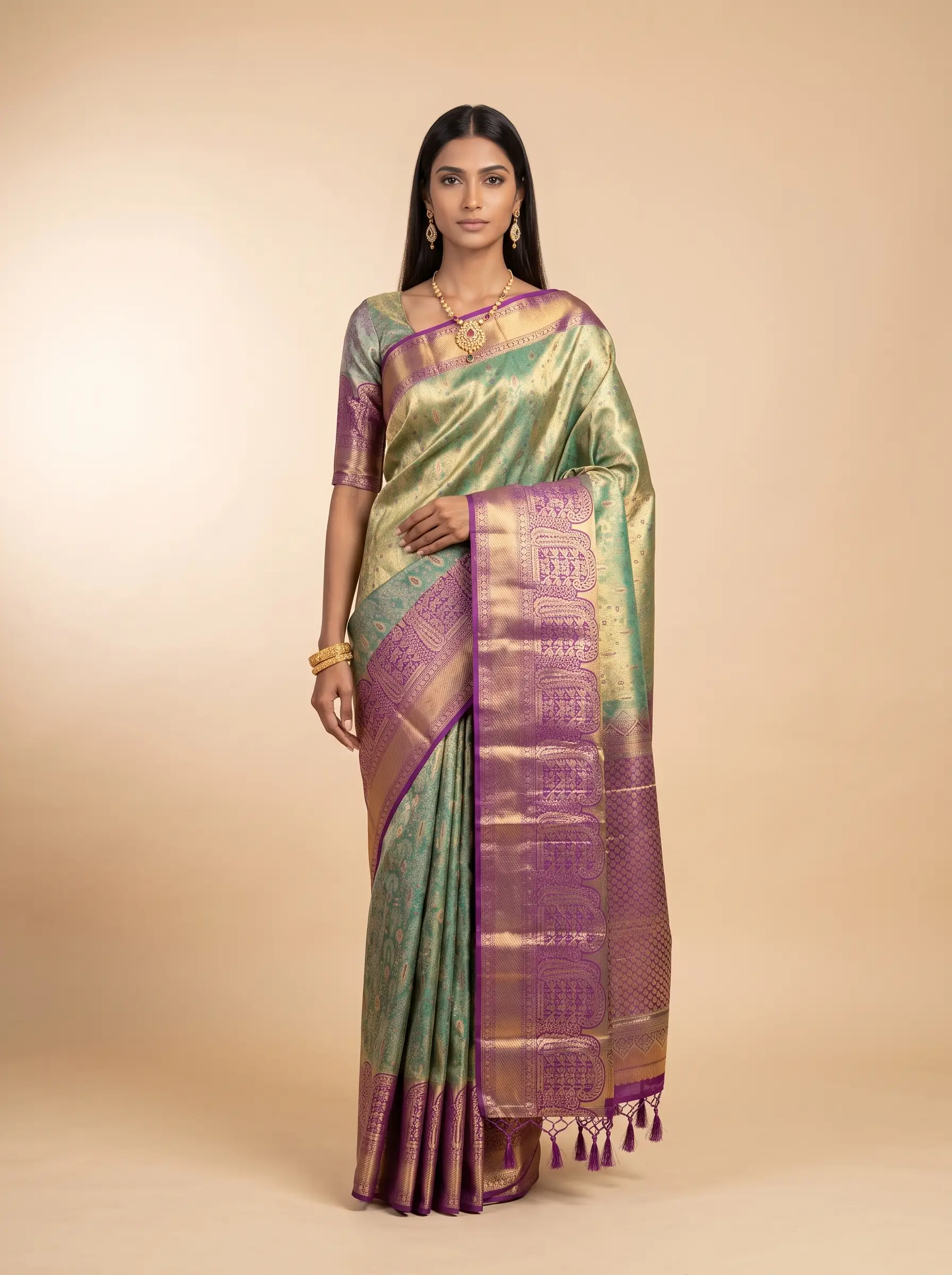 Pastel Green and Purple Antique Gold Zari Woven Kanchivaram Silk Saree