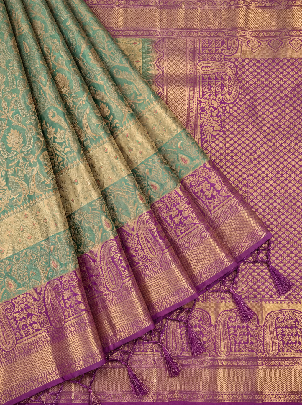 Pastel Green and Purple Antique Gold Zari Woven Kanchivaram Silk Saree