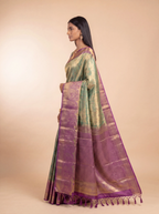 Pastel Green and Purple Antique Gold Zari Woven Kanchivaram Silk Saree