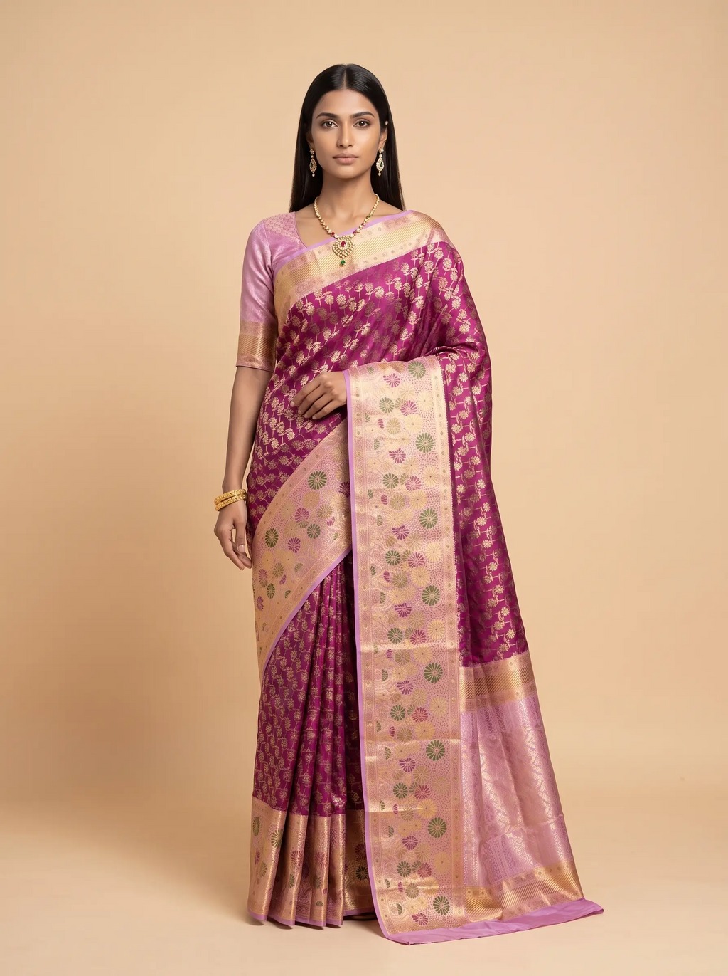 Deep Magenta and Antique Gold Zari Floral Woven Kanchivaram Silk Saree