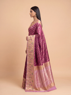 Deep Magenta and Antique Gold Zari Floral Woven Kanchivaram Silk Saree
