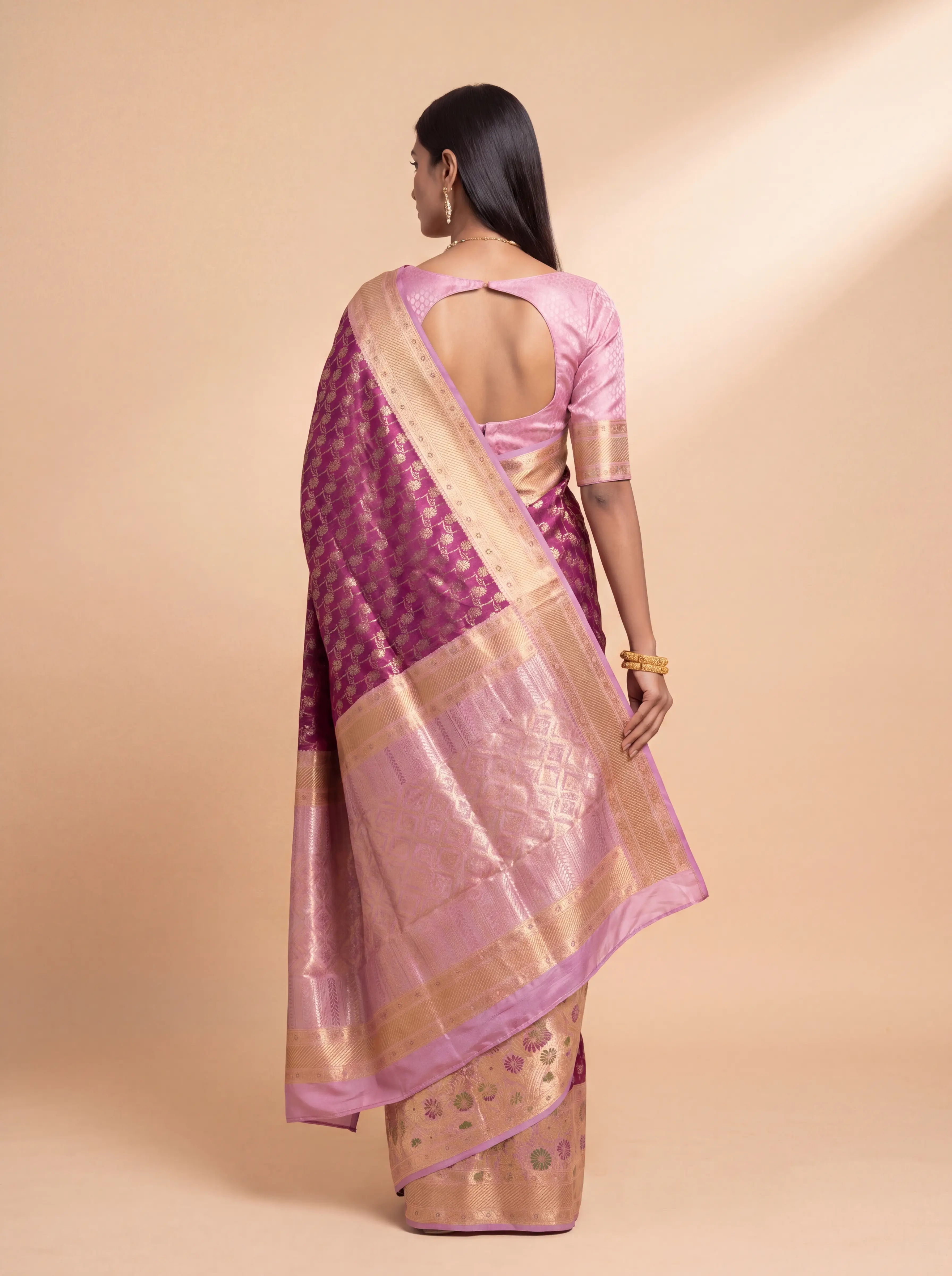 Deep Magenta and Antique Gold Zari Floral Woven Kanchivaram Silk Saree