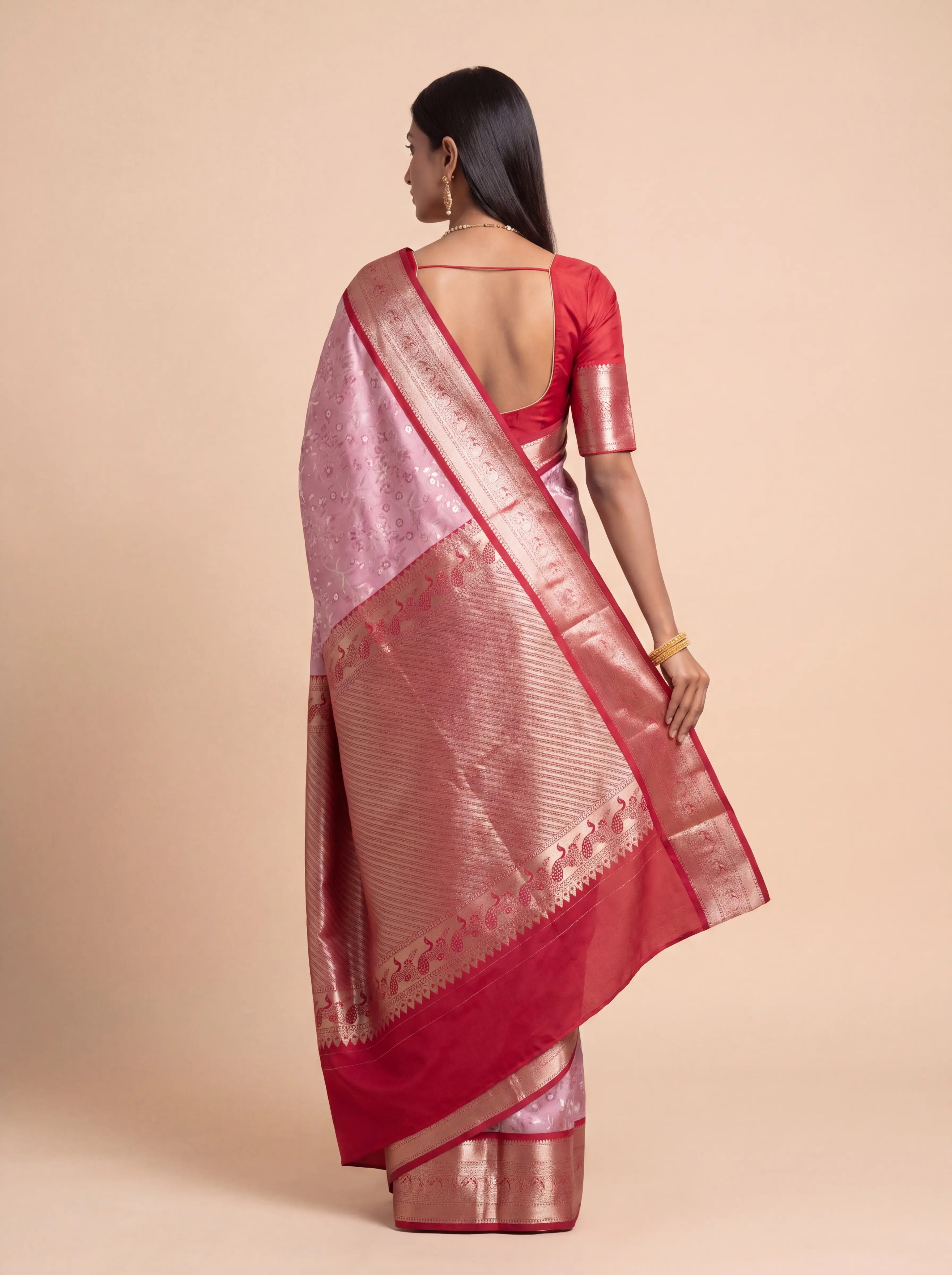 Dusty Rose Pink and Deep Maroon Bird Motif Zari Woven Kanchivaram Silk Saree
