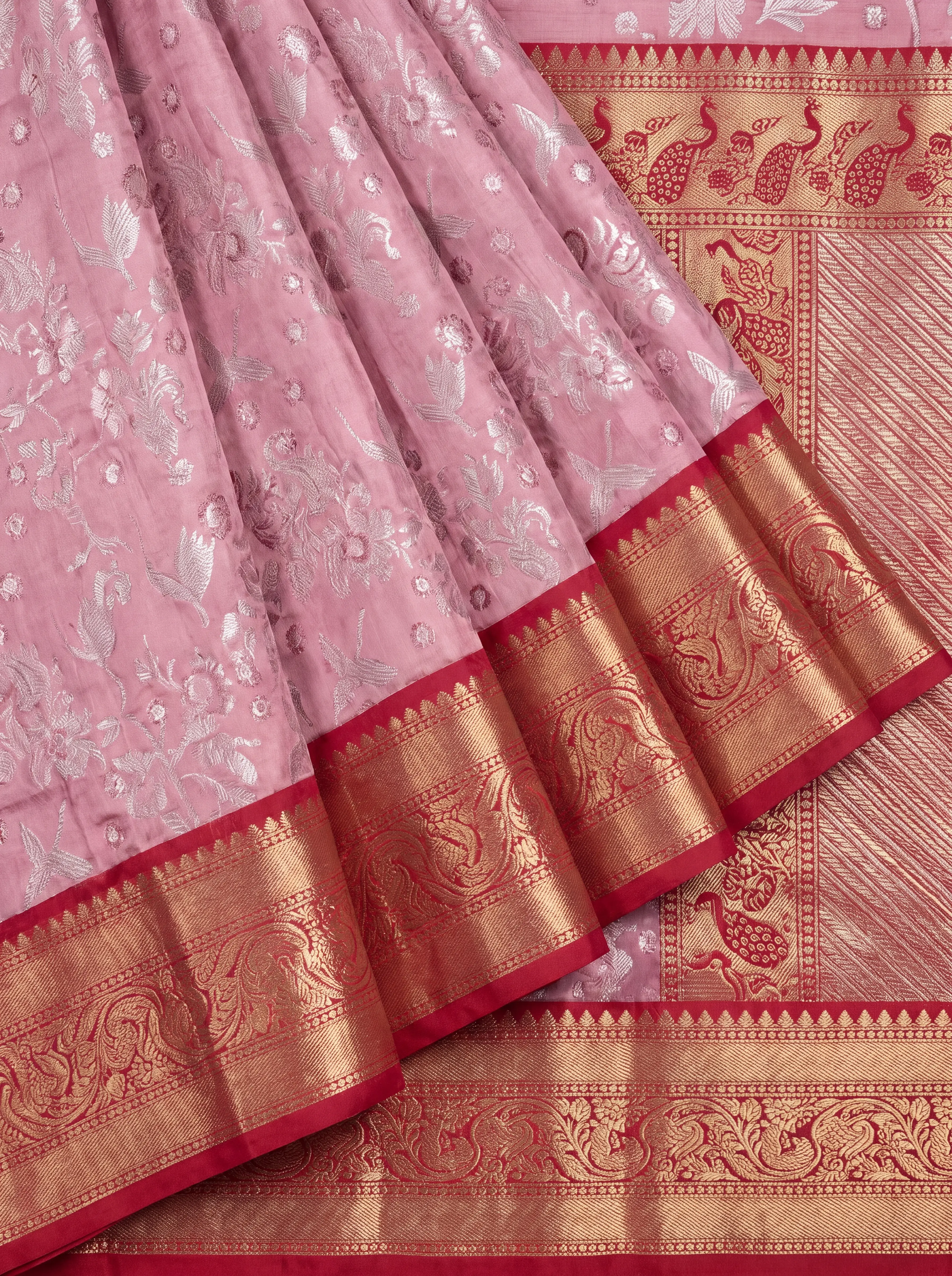 Dusty Rose Pink and Deep Maroon Bird Motif Zari Woven Kanchivaram Silk Saree