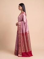 Dusty Rose Pink and Deep Maroon Bird Motif Zari Woven Kanchivaram Silk Saree